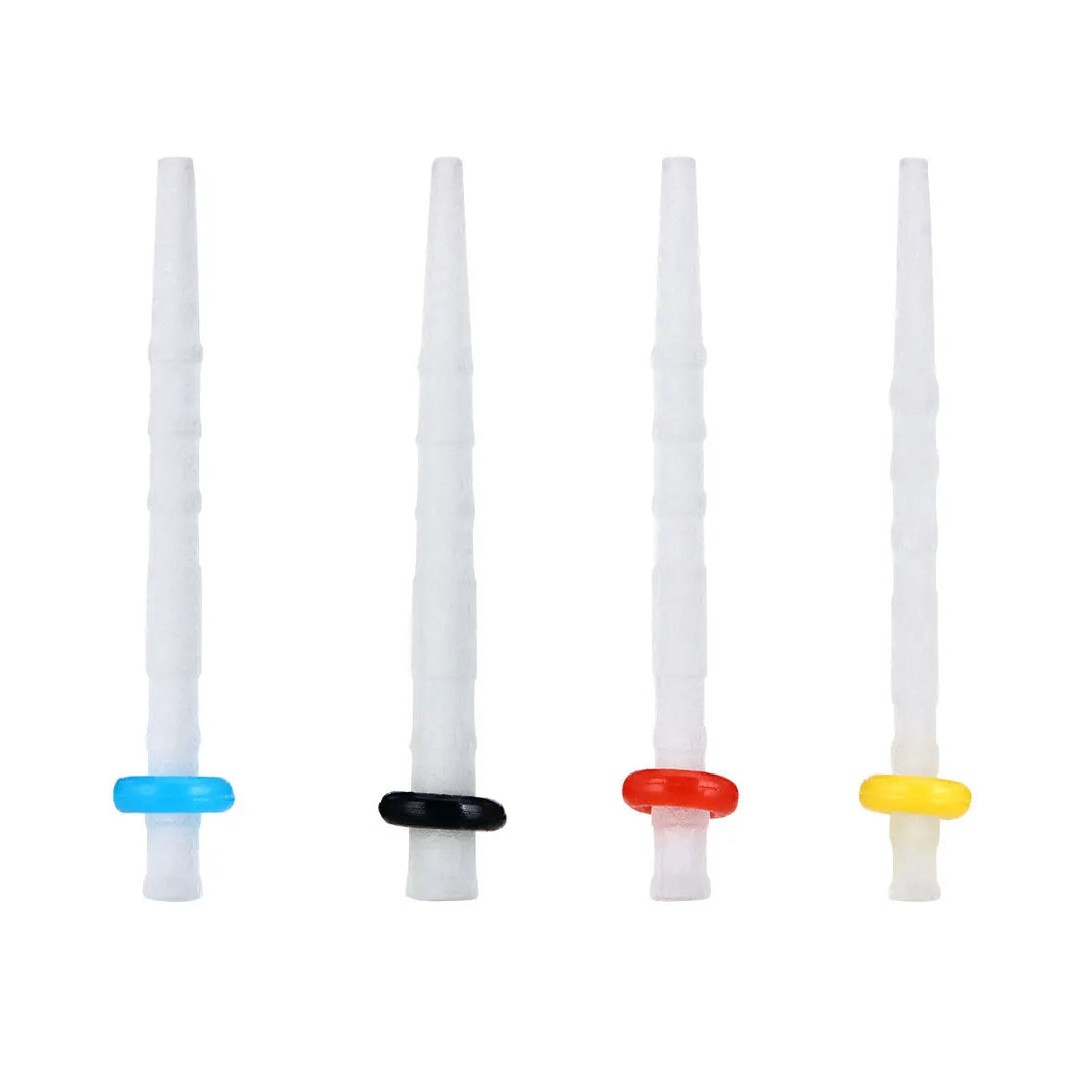 Dental Quartz Fiber Post Teeth Restore kit featuring 4 white drills with colored rings at the base. Each drill has a different color ring: blue, black, red, and yellow. Essential components for dental restoration procedures.