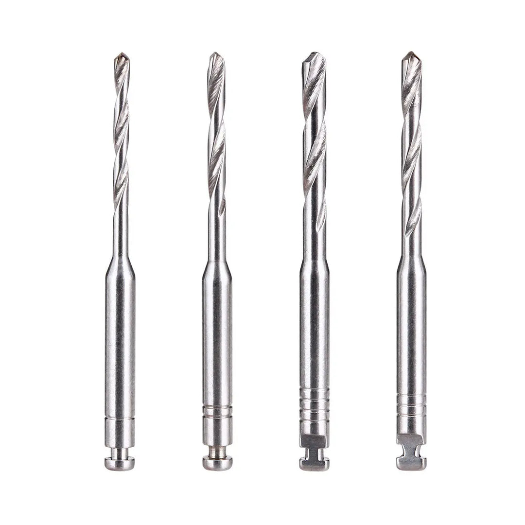 Dental Quartz Fiber Post Teeth Restore drills and fiber posts set, featuring 4 precision metal drills with spiral cutting edges and varying tip designs for accurate root canal preparation in dental procedures