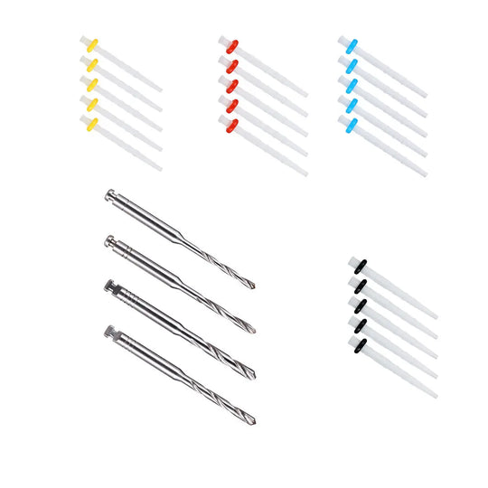 Dental Quartz Fiber Post Teeth Restore kit with 4 precision drills and 20 color-coded fiber posts in yellow, red, blue, and black for effective tooth restoration, featuring high-intensity quartz material for durability and optimal light transmission