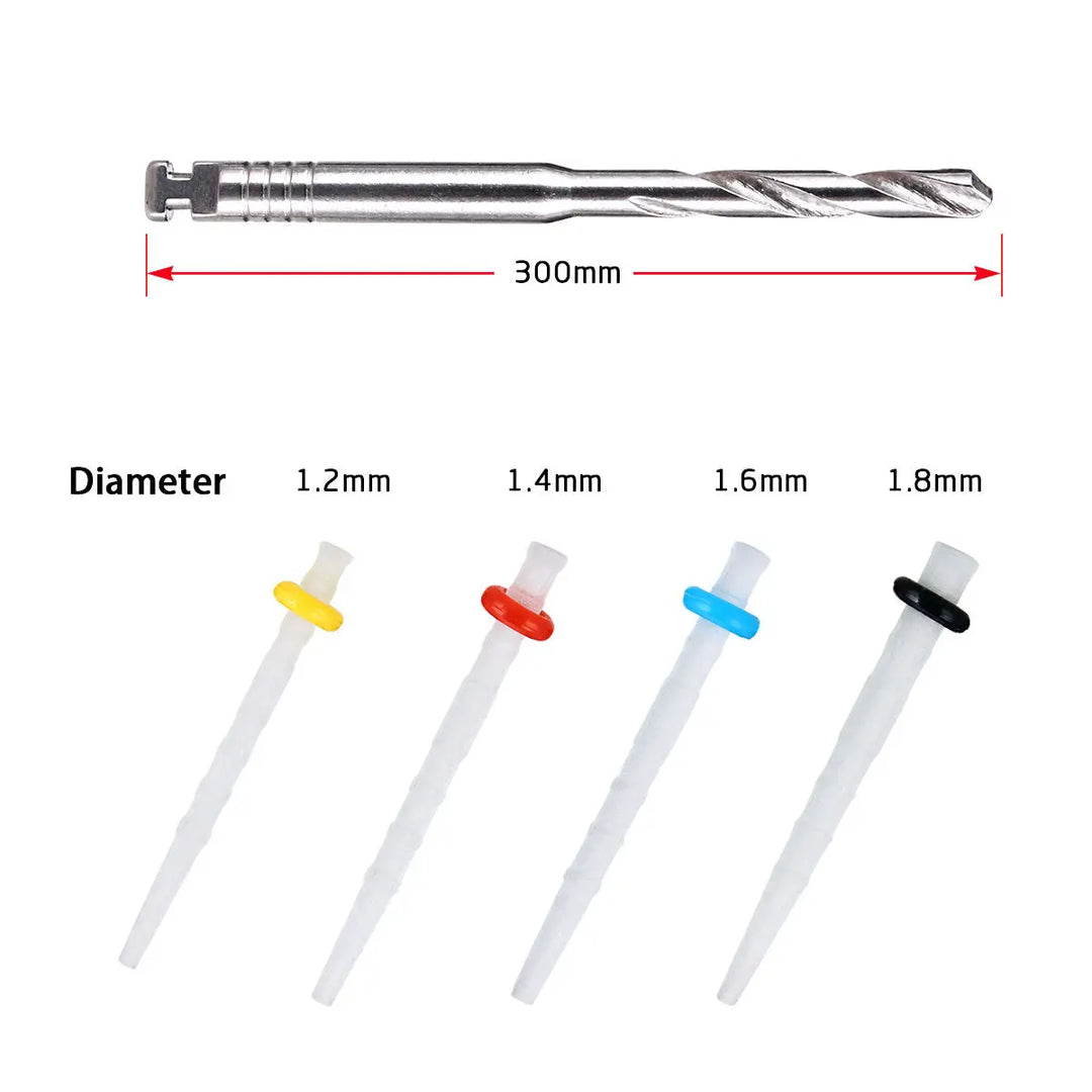 Dental Quartz Fiber Post Teeth Restore kit with 4 precision drills and 20 color-coded fiber posts in various diameters, showcasing 300mm drill length and post sizes from 1.2mm to 1.8mm for accurate tooth restoration and reinforcement