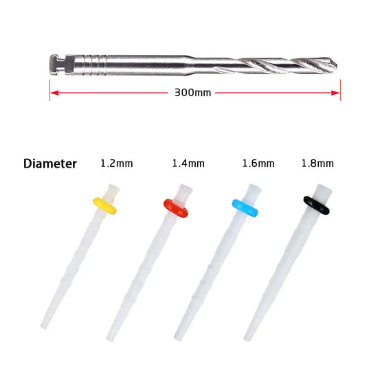 Dental Quartz Fiber Post Teeth Restore kit with 4 precision drills and 20 color-coded fiber posts in various diameters, showcasing 300mm drill length and post sizes from 1.2mm to 1.8mm for accurate tooth restoration and reinforcement