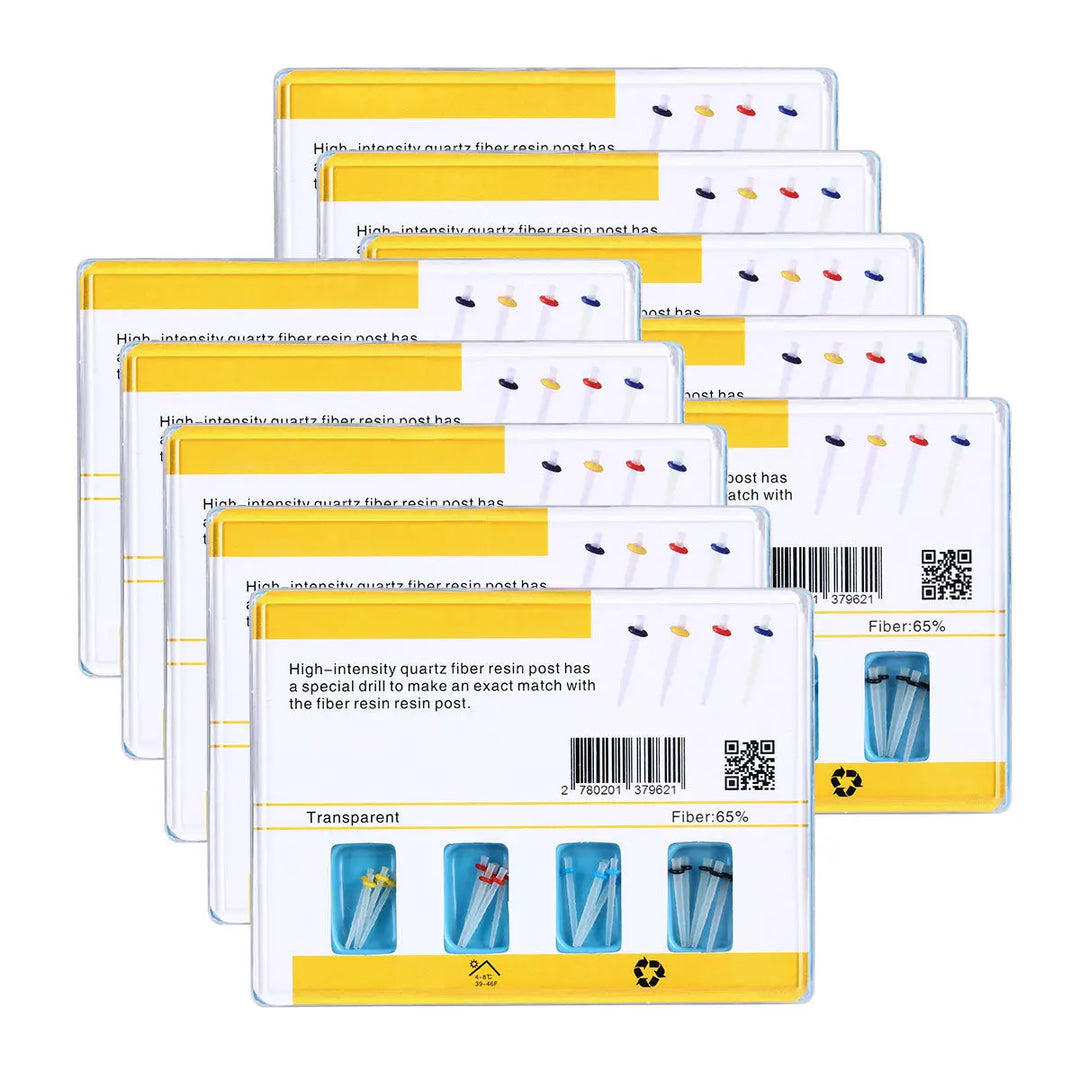 Dental Quartz Fiber Post Teeth Restore kit displaying multiple packages containing 4 drills and 20 fiber posts for tooth restoration. Yellow-labeled boxes show product details and images of blue, pink, and black dental tools for precise root canal treatment and esthetic restorations.