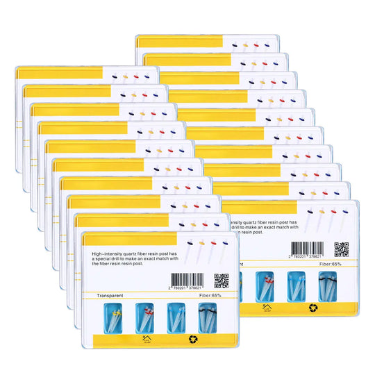 Dental Quartz Fiber Post Teeth Restore kit with 4 drills and 20 fiber posts per box, displayed in multiple transparent packaging with yellow labels and product images showing blue dental tools and posts for tooth restoration