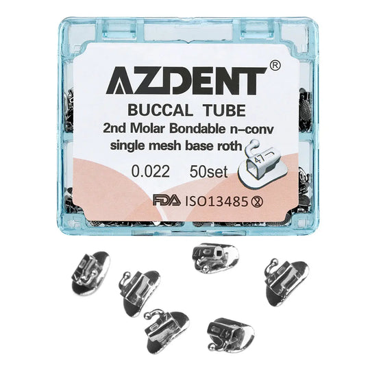 AZDENT Buccal Tube 2nd Molar Bondable Split Non-Convertible Roth 0.022 50Sets/Bx package with clear plastic case containing product details and multiple silver orthodontic buccal tubes displayed below