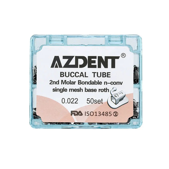 Buccal Tube 2nd Molar Bondable Split Non-Convertible Roth 0.022 50Sets/Bx by AZDENT. Clear plastic case containing orthodontic buccal tubes for second molar, single mesh base, Roth 0.022, 50 sets per box. FDA approved dental product for orthodontic treatment.