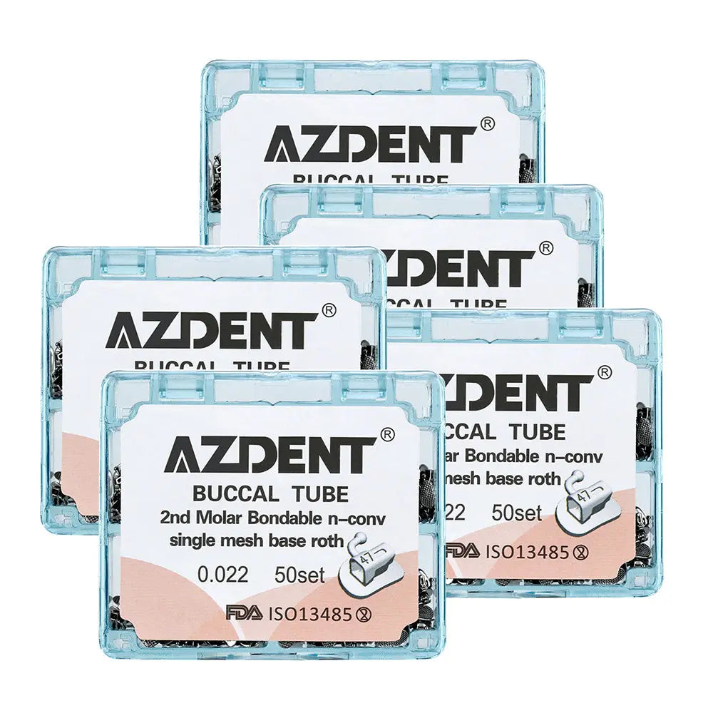 AZDENT Buccal Tube 2nd Molar Bondable Split Non-Convertible Roth 0.022 50Sets/Bx - Set of five transparent blue plastic cases containing orthodontic buccal tubes for dental use, labeled with product details and FDA certification number