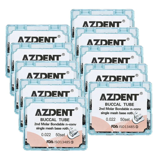 Multiple boxes of AZDENT Buccal Tube 2nd Molar Bondable Split Non-Convertible Roth 0.022 50Sets/Bx stacked together, showcasing product packaging with clear labeling and technical specifications for dental orthodontic use