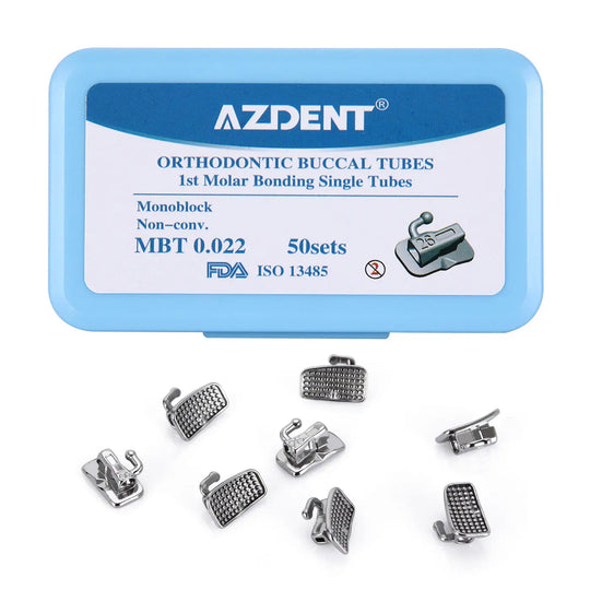 Buccal Tube 1st Molar Bondable Monoblock Non-Convertible MBT 0.022 50Sets/Bx: AZDENT orthodontic buccal tubes package with blue container showing product details, and multiple metal buccal tubes displayed below, showcasing various angles and designs of the dental appliances