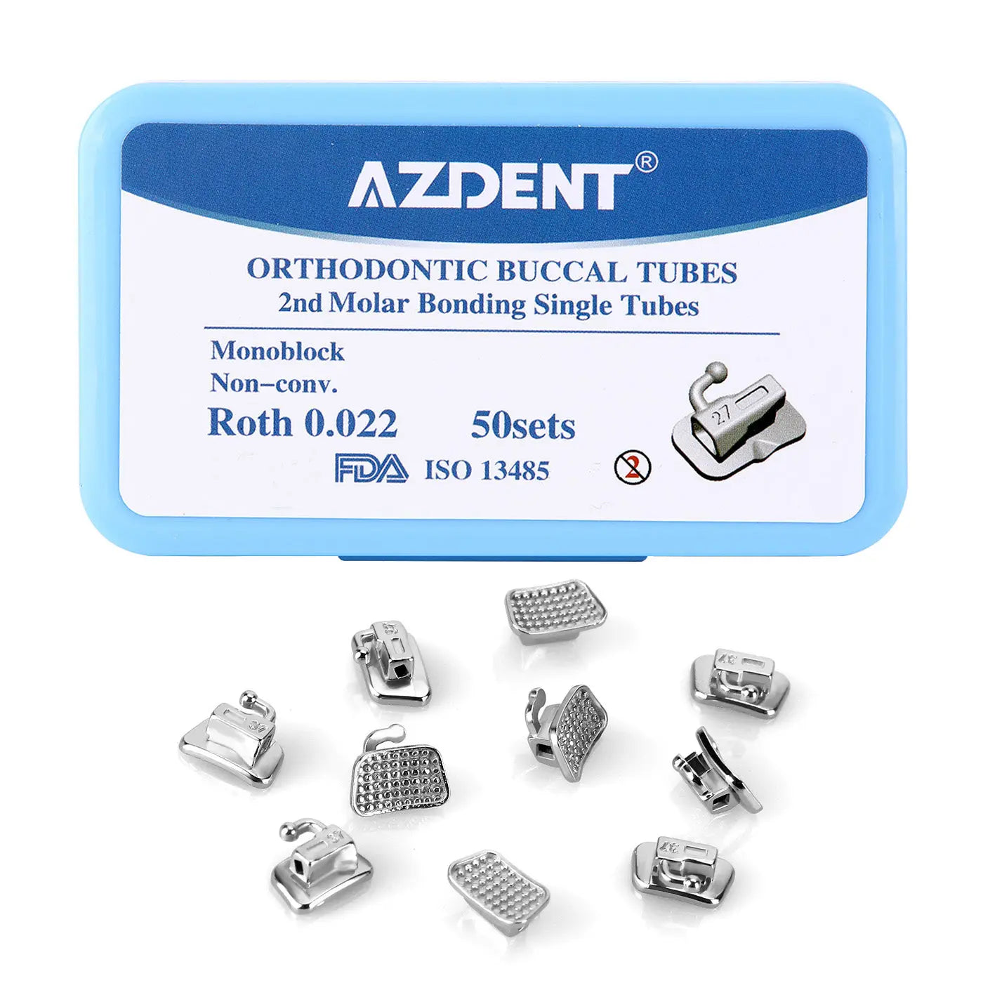 Buccal Tube 2nd Molar Bondable Monoblock Non-Convertible Roth 0.022 Laser Mark 50Sets/Bx - AZDENT orthodontic buccal tubes for 2nd molar, Roth 0.022, 50 sets per box. Image shows product packaging and multiple silver-colored metal tubes with mesh bases for bonding.