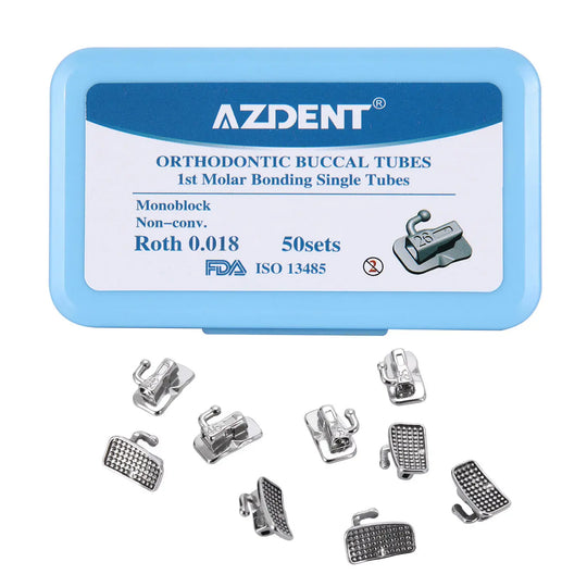 Buccal Tube 1st Molar Monoblock Non-Convertible Roth 0.018 50Sets/Bx. AZDENT orthodontic buccal tubes in blue packaging. Product box displays details: Monoblock, Non-conv, Roth 0.018, 50sets. FDA and ISO certified. Multiple metal buccal tubes shown below the box.