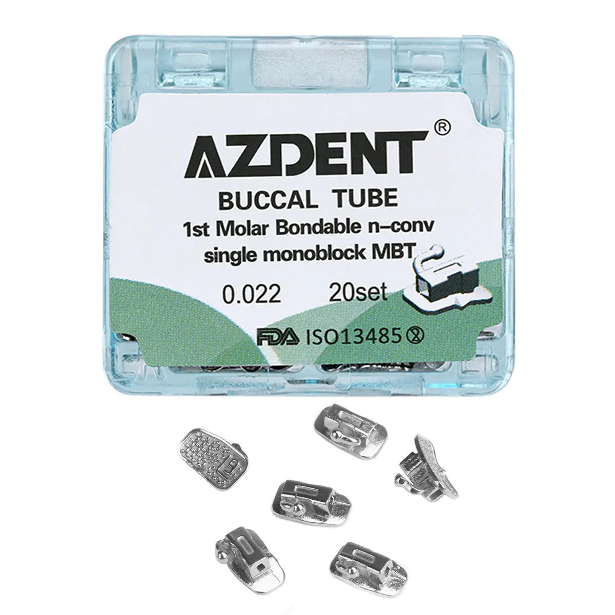 Buccal Tube 1st Molar Bondable Monoblock Non-convertible MBT 0.022 20Sets/Bx by AZDENT. Clear plastic case containing dental orthodontic buccal tubes. Product details visible on case label. Several small metal buccal tubes displayed below the case.