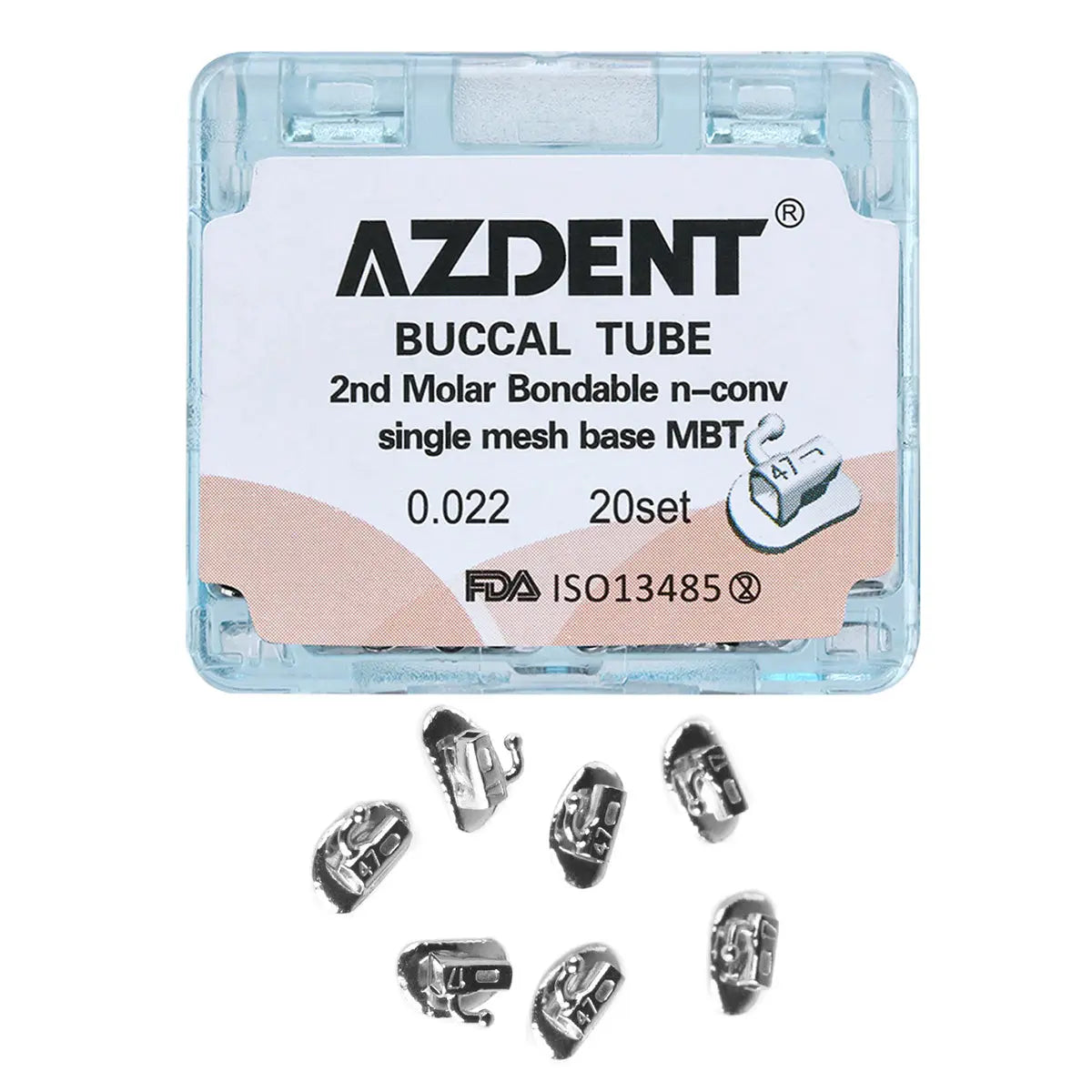 Buccal Tube 2nd Molar Bondable Split Non-Convertible MBT 0.022 20Sets/Bx by AZDENT. Clear plastic box containing small metal orthodontic buccal tubes for second molars. Product details on label, metal components visible below.