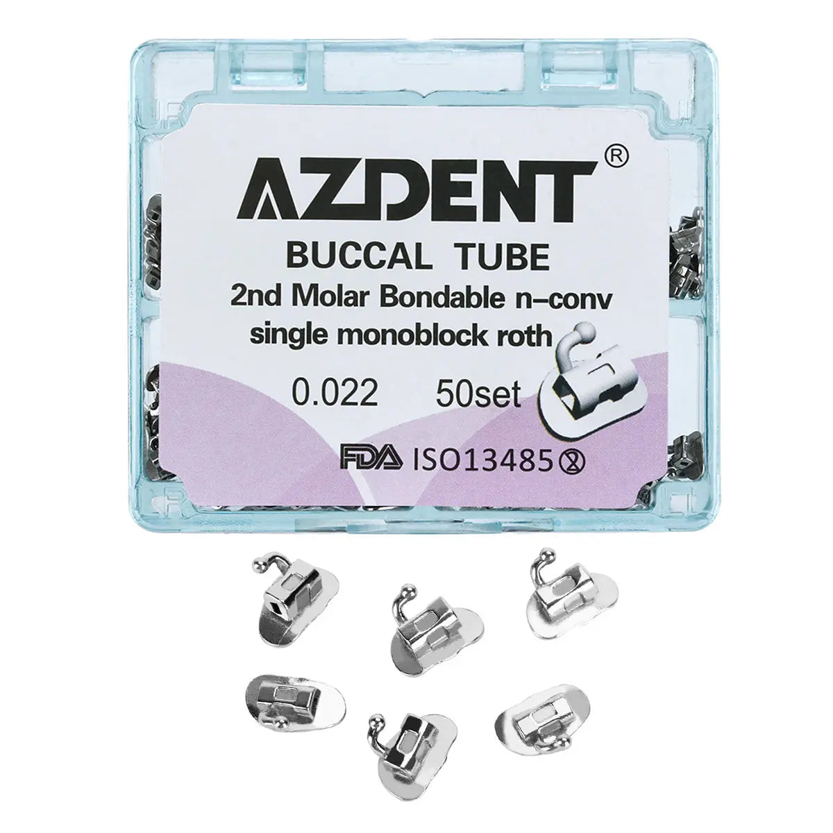 AZDENT Buccal Tube 2nd Molar Bondable Monoblock Non-convertible Roth 0.022 50Sets/Bx packaging with product details and FDA approval. Clear plastic box containing small metal orthodontic buccal tubes visible at the bottom of the image.