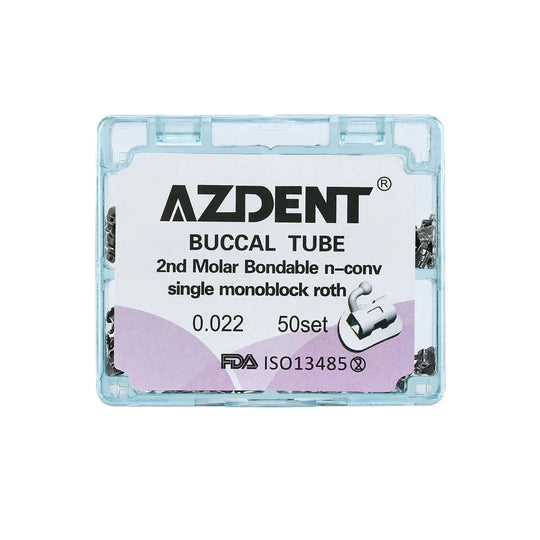 Buccal Tube 2nd Molar Bondable Monoblock Non-convertible Roth 0.022 50Sets/Bx by AZDENT. Transparent plastic case containing orthodontic buccal tubes for 2nd molars. Product details visible on label, including size and quantity specifications.