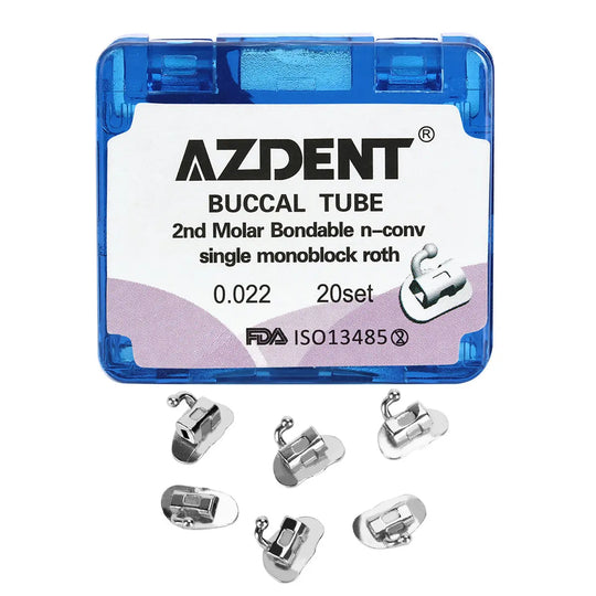 Buccal Tube 2nd Molar Bondable Monoblock Non-convertible Roth 0.022 20Sets/Bx. Blue AZDENT case containing orthodontic buccal tubes. Product details on lid. Six metal buccal tubes displayed below case. Dental orthodontic equipment for second molar treatment.