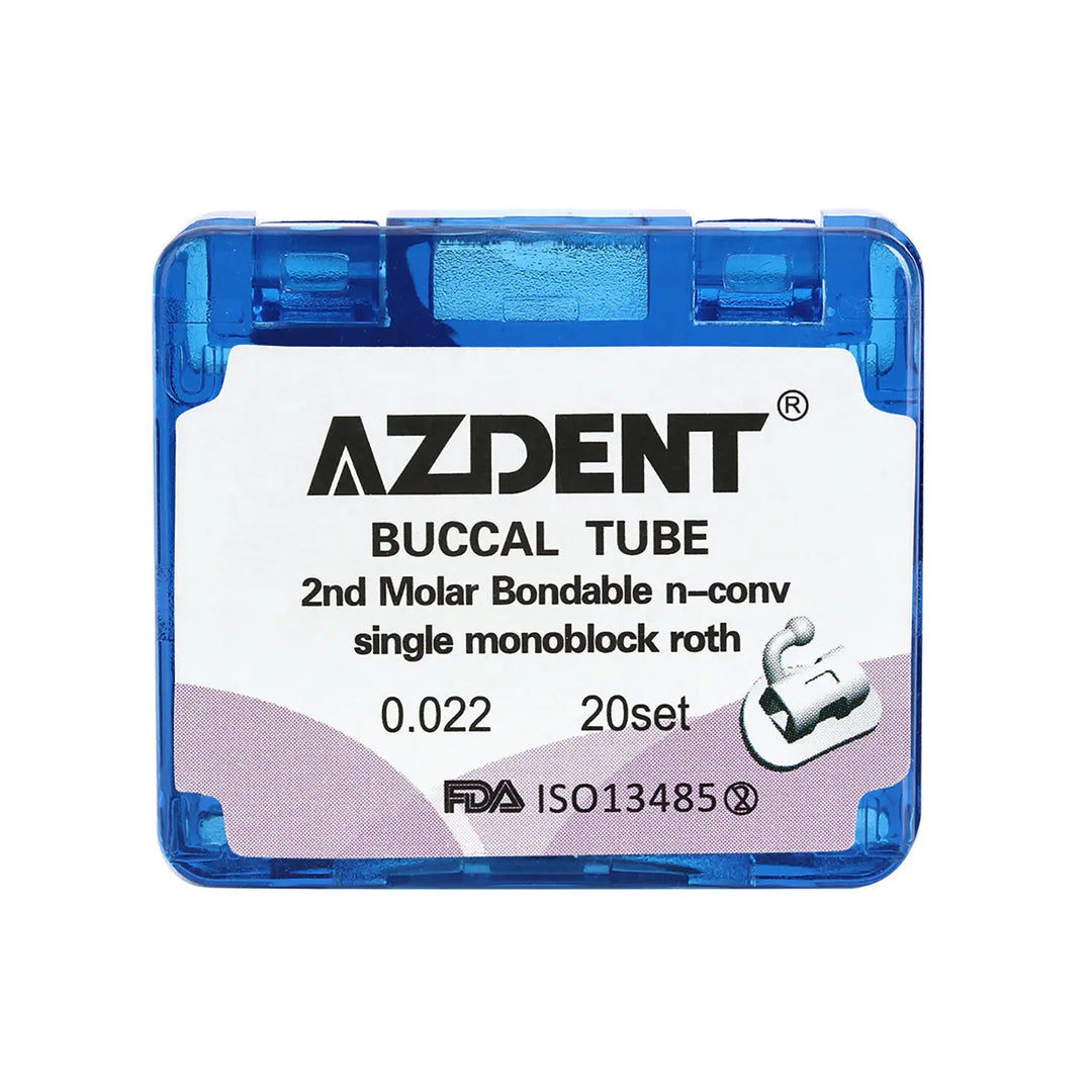 Buccal Tube 2nd Molar Bondable Monoblock Non-convertible Roth 0.022 20Sets/Bx - AZDENT brand orthodontic buccal tube in blue plastic case. Single monoblock design for 2nd molar, non-convertible, Roth 0.022 specification. FDA approved, 20 sets per box.