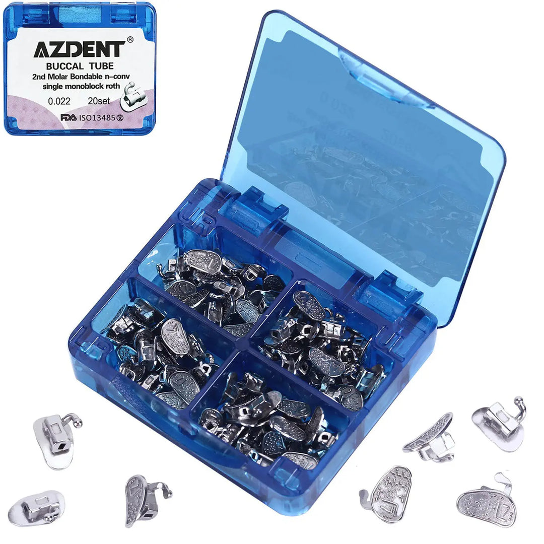 Buccal Tube 2nd Molar Bondable Monoblock Non-convertible Roth 0.022 20Sets/Bx in blue plastic case. AZDENT brand orthodontic buccal tubes displayed in compartments. Metal dental components for orthodontic treatment visible in open container.