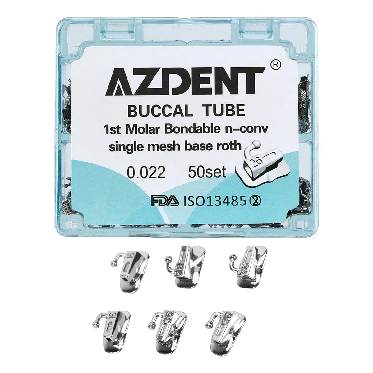 AZDENT Buccal Tube 1st Molar Bondable Split Non-Convertible Roth 0.022 50Sets/Bx (UR UL LL & LR) package with transparent case displaying product information and six silver-colored metal buccal tubes arranged below, showcasing dental orthodontic components for professional use.