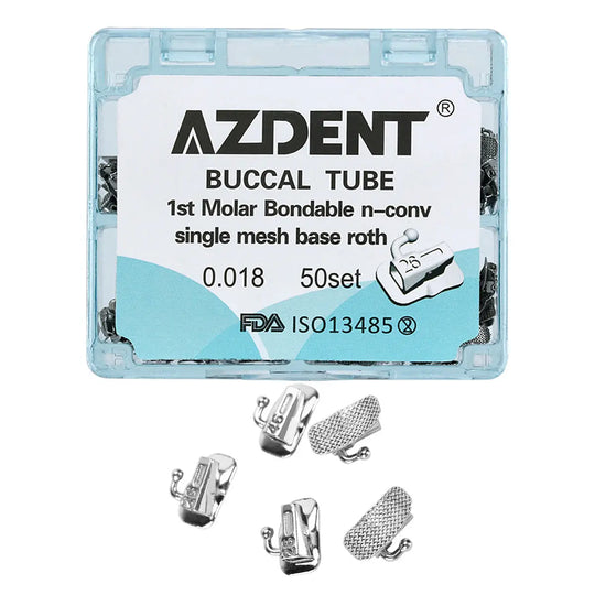 AZDENT Buccal Tube 1st Molar Bondable Split Non-Convertible Roth 0.018 50Sets/Bx packaging with product details and small metal orthodontic attachments displayed below. Clear plastic case contains information about the dental product, including size and quantity.