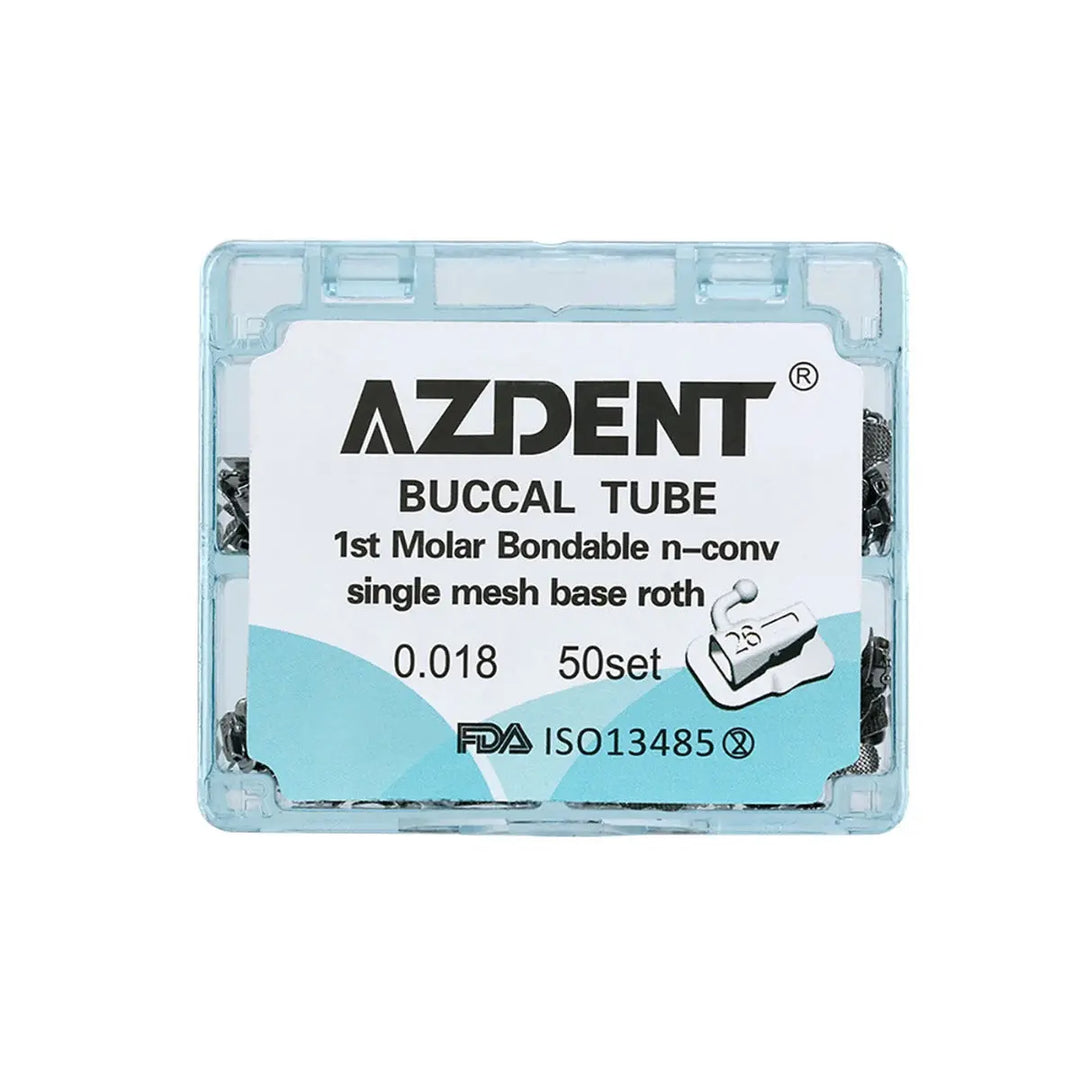 AZDENT Buccal Tube 1st Molar Bondable Split Non-Convertible Roth 0.018 50Sets/Bx (UR UL LL & LR) packaging showing product details, FDA certification, and small illustration of dental tube. Light blue plastic case with clear product information and specifications visible.