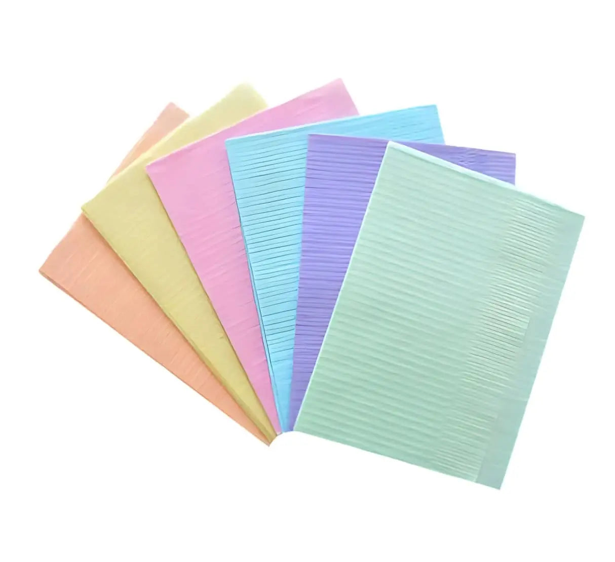 Dental Bibs 500pcs/CTN: Assorted pastel-colored 3-ply disposable dental bibs in pink, yellow, purple, and blue, measuring 33cmx45cm. Stacked display of large, soft, and absorbent patient protection bibs for dental procedures.