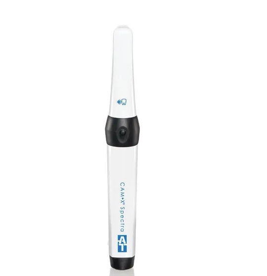 CamX Spectra Caries Detection Aid handheld device with white and black body, featuring a camera lens and blue logo, designed for advanced dental caries detection and diagnosis using fluorescence technology