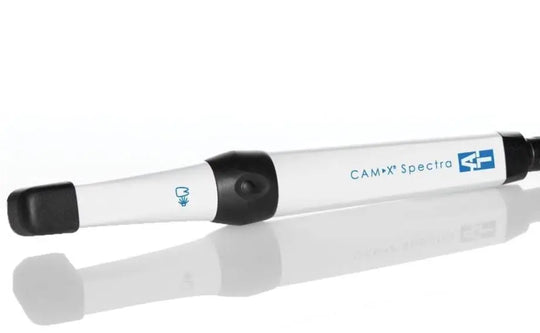 CamX Spectra Caries Detection Aid handheld device with white cylindrical body, black grip and tip, and blue logo displayed on side, designed for early tooth decay detection using fluorescence technology in dental practices