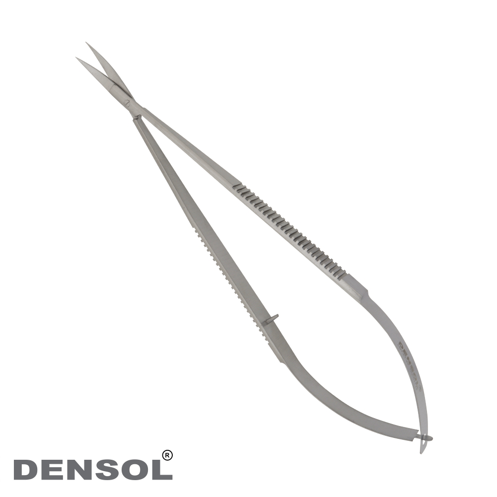 Castroviejo Micro Scissors 18cm Curved: Stainless steel surgical scissors with finely curved sharp blades and blunt tips, featuring double spring flat serrated handles for precise grip. Professional medical instrument for delicate tissue cutting with minimal trauma.