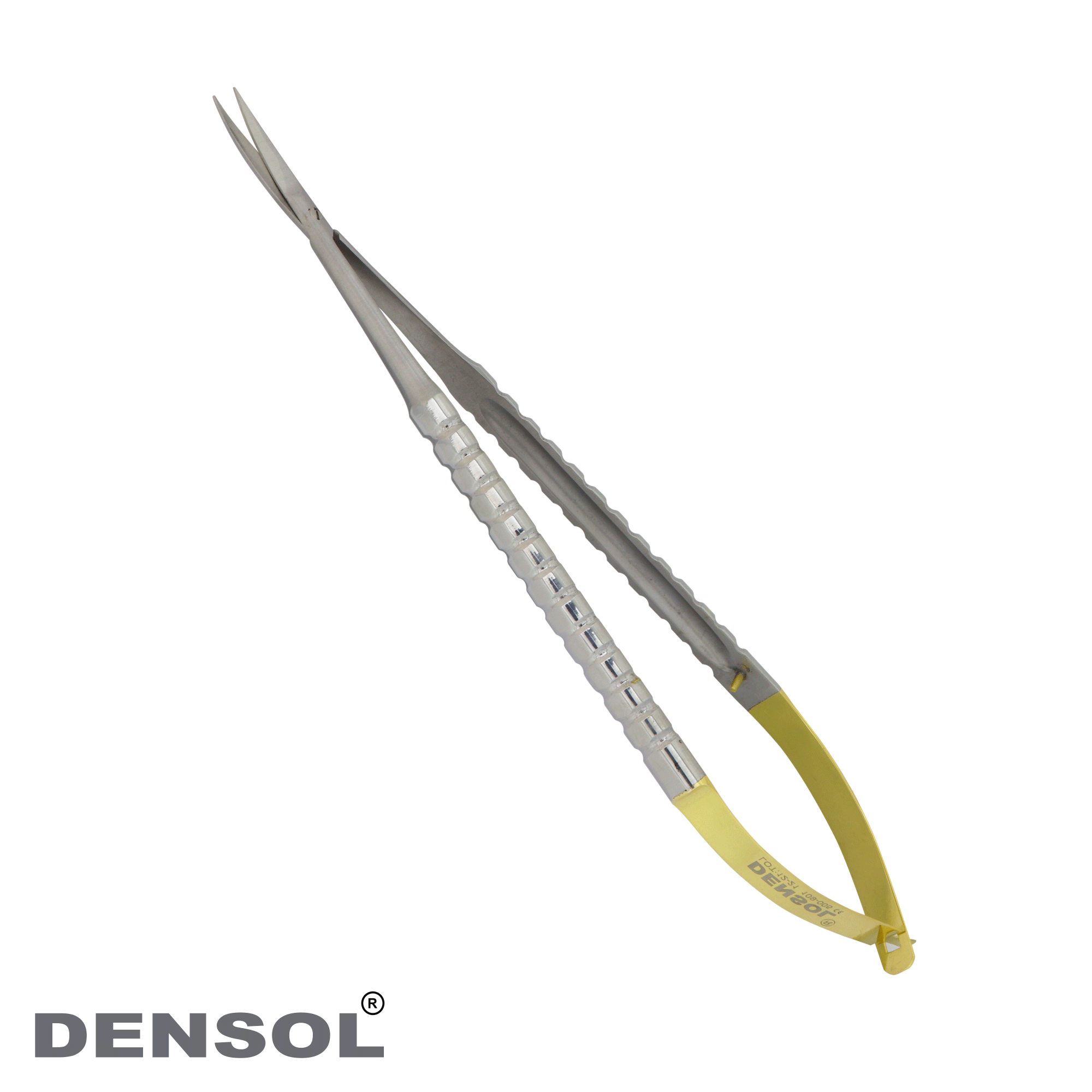 Castroviejo Micro Scissors TC 18 cm Curved with stainless steel blades, curved design, and yellow-handled grip for precise surgical cutting, featuring tungsten carbide coating for durability and sharpness