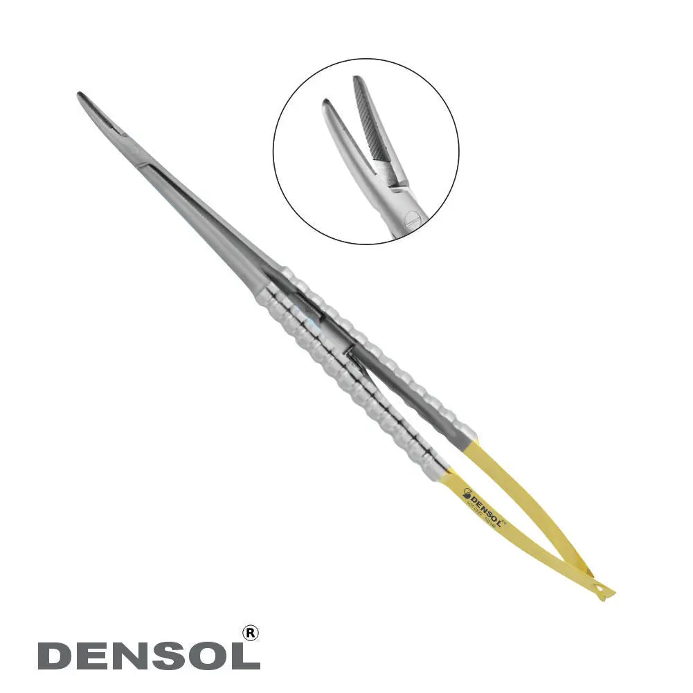 Castroviejo Needle Holder TC 14cm Curved: Precision surgical instrument with tungsten carbide tips, curved design, and locking mechanism for secure suture hold. Stainless steel construction with textured grip and yellow handles for optimal control during delicate procedures.