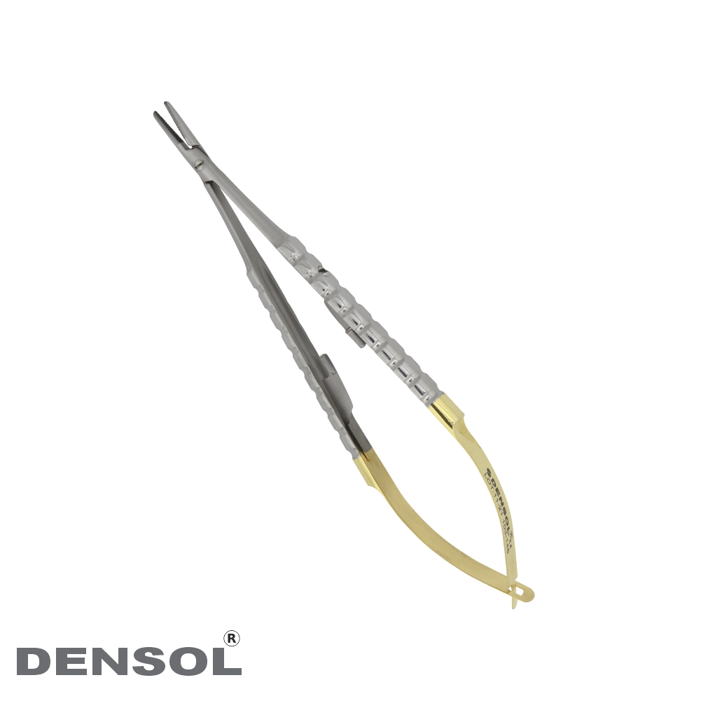 Castroviejo Needle Holders Straight TC 14cm: Stainless steel surgical instrument with tungsten carbide tips, locking mechanism, and gold-colored handles for secure suture holding. Suitable for fine sutures in delicate procedures.