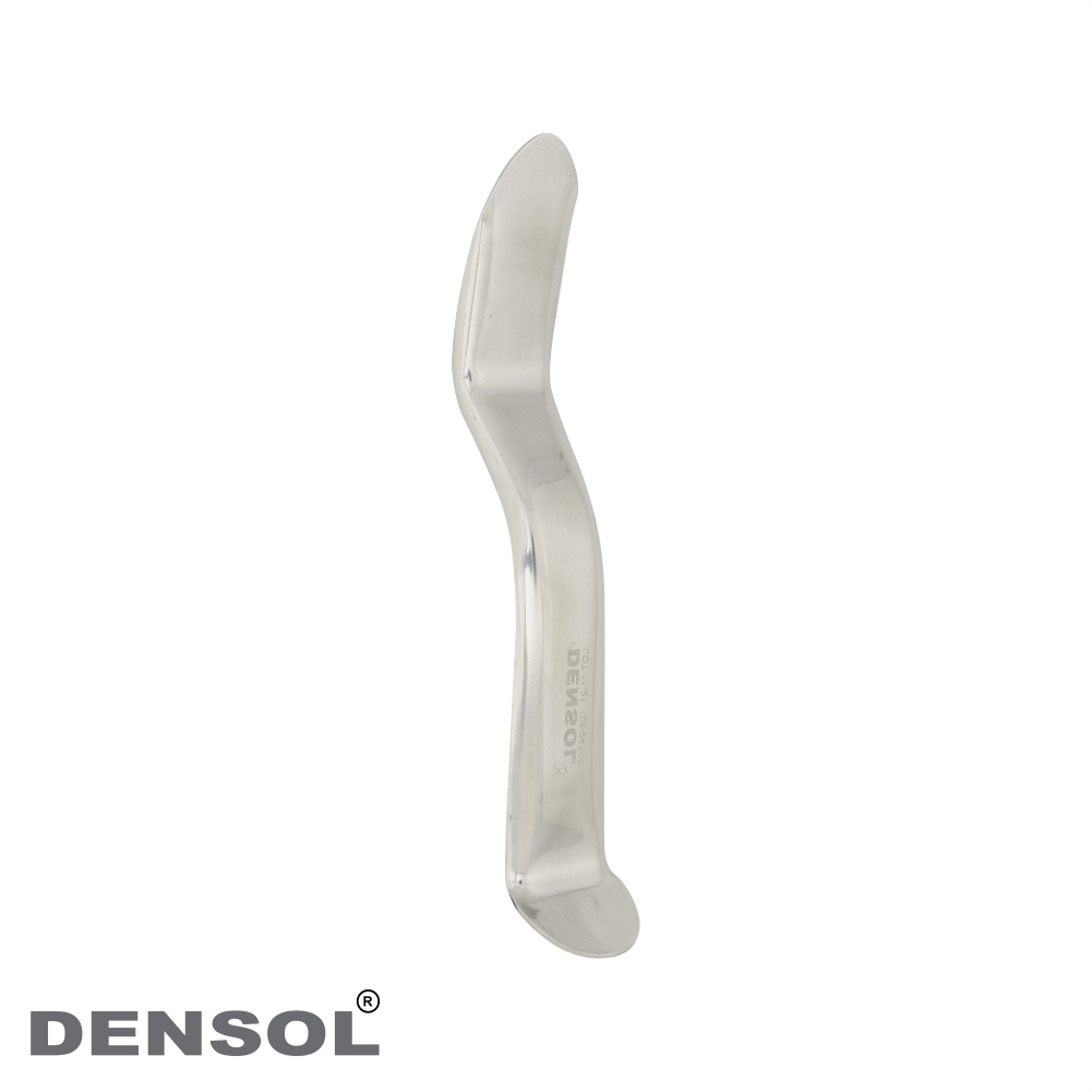 Cawood Minnesota Retractor Small: Stainless steel dental instrument with curved shape for retracting cheeks and tongue during oral procedures. Sleek, professional design featuring smooth surface and ergonomic handle for precise control and improved visibility in dental operations.