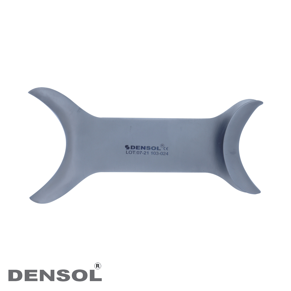 Cheek Retractor Stainless steel Double Ended: Gray dental instrument with curved ends for lip and cheek retraction during oral procedures, featuring Densol branding and product code on its smooth surface