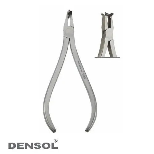 Cinch Back Hammer Head Pliers for orthodontic wire bending, featuring serrated tips and stainless steel construction. Designed for precise 90-degree bends in Nickel Titanium wire, ensuring patient comfort during dental procedures.