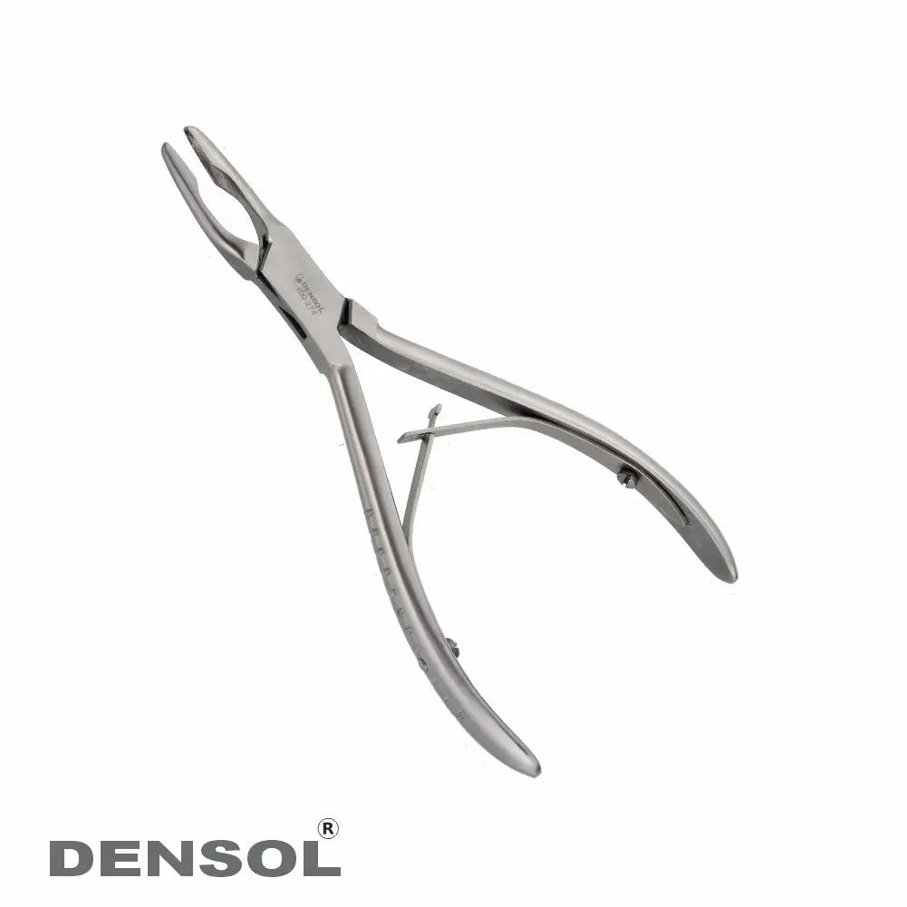 Cleveland Bone Rongeurs 14cm Curved: Stainless steel dental instrument with plier-shaped design, curved jaws, and ergonomic handles for precise bone contouring after tooth extractions. Professional-grade tool made by Densol for oral surgery procedures.