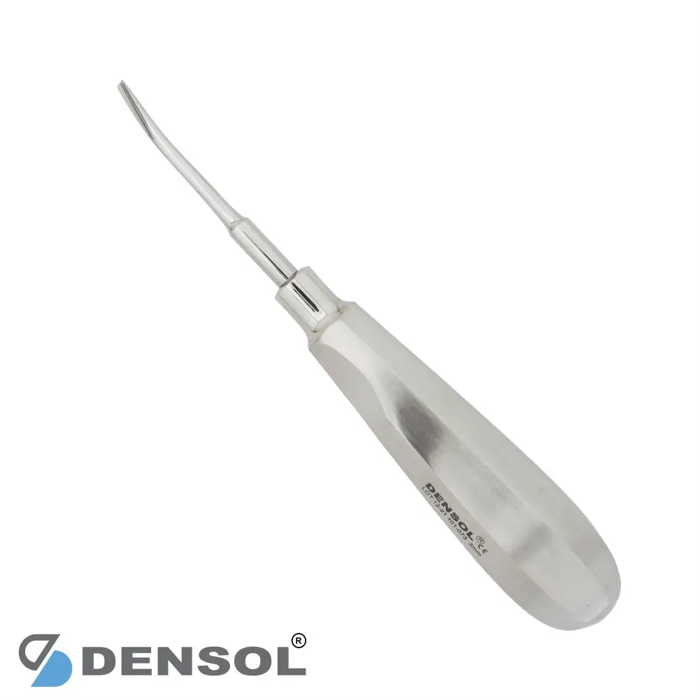 Coupland Elevator 4mm Curved #3 dental instrument with stainless steel tip and handle, featuring a curved design for tooth extraction. Densol brand logo visible on the ergonomic handle. Professional-grade dental tool for precise gum and tooth manipulation during procedures.