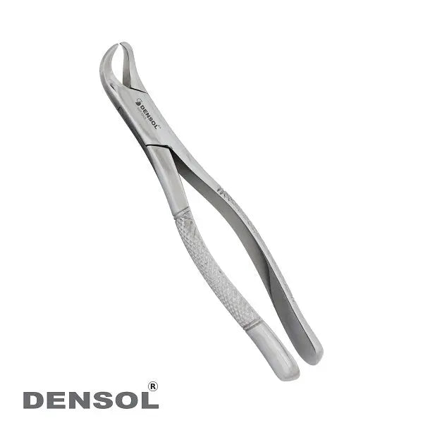 Cowhorn Extraction Forceps Fig 23CH: Stainless steel dental instrument with curved, textured-grip handles and specialized beak for extracting lower molars, featuring Densol branding and premium Japanese steel construction for optimal tooth extraction performance