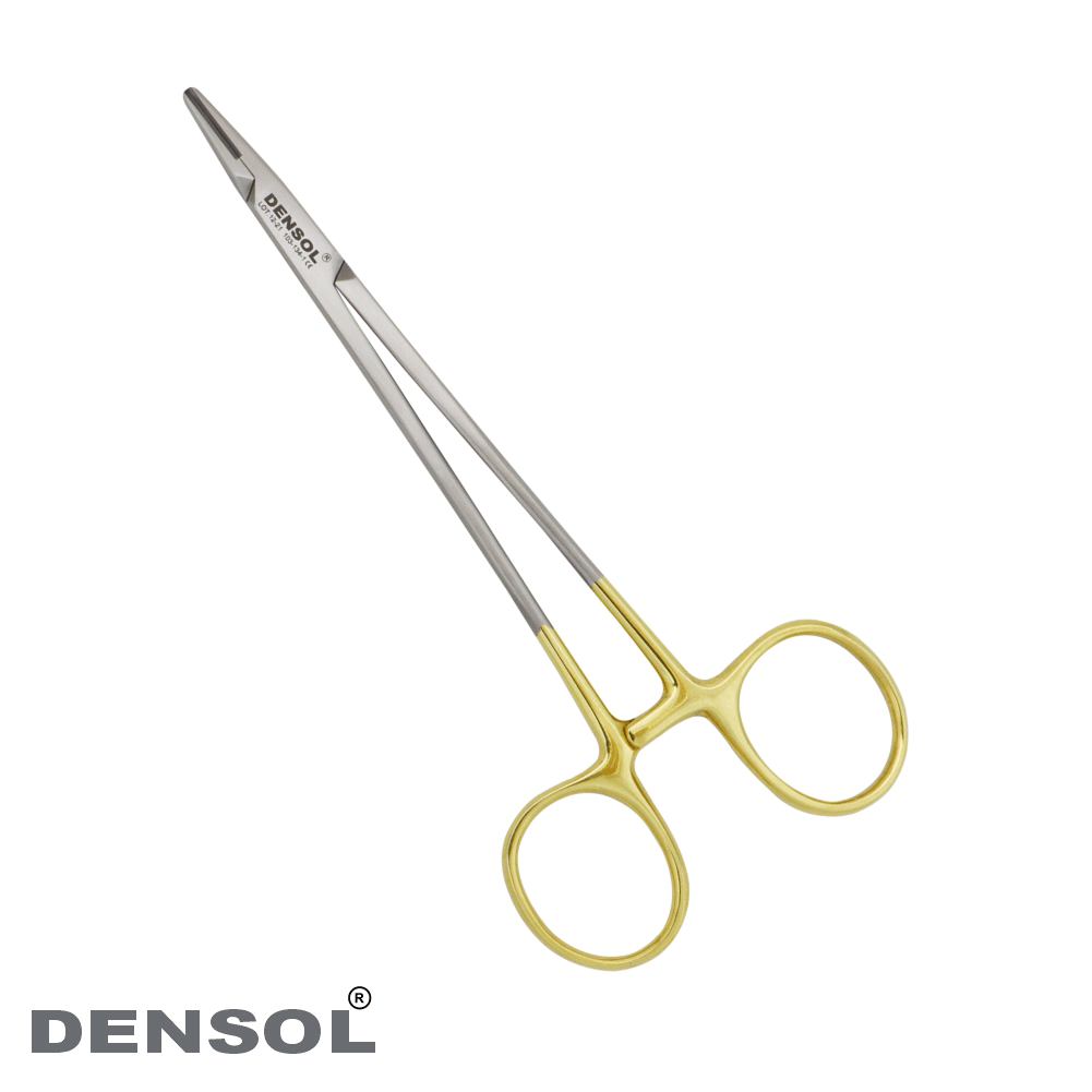 Crile Wood Needle Holder TC 15.5cm Str: Surgical instrument with silver metal body and gold-colored handles, featuring a slender, straight design for precise suture holding during medical procedures. Densol brand visible on the tool.