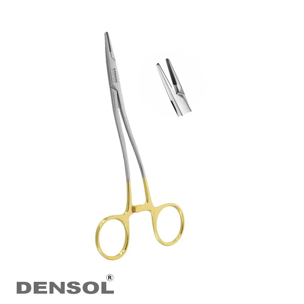 Crile Wood Needle Holder TC 16cm Curved: Stainless steel surgical instrument with gold-colored handle, curved tips, and locking mechanism. Close-up of needle holder and separate detail of tip shown on white background.