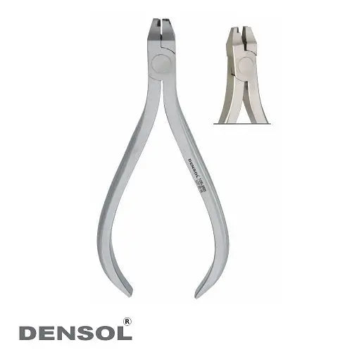 Crimpable Archwire Hook Pliers: Professional dental tool with stainless steel construction, featuring long handles and precision tip for accurate crimping. Two pliers shown, one in foreground and one in background. Densol brand logo visible.