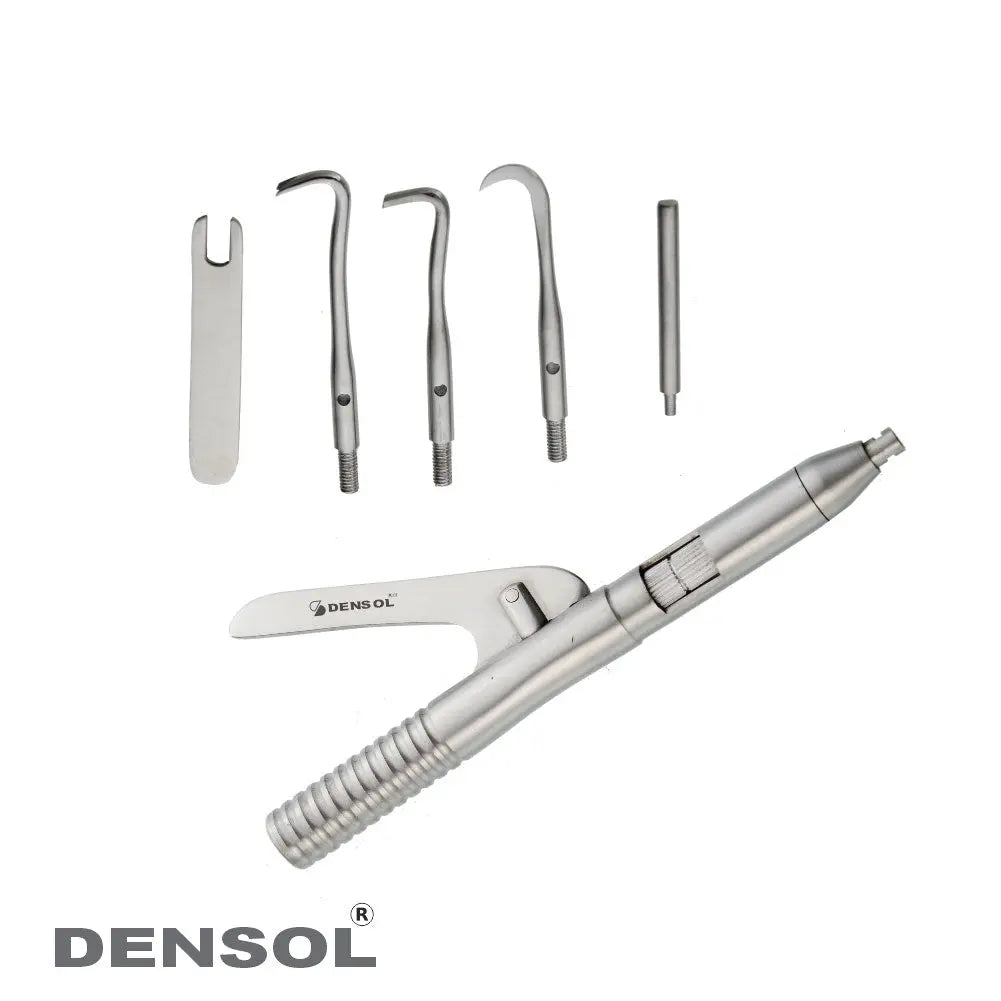 Crown Remover Automatic 5 Attachments set including handheld device and various stainless steel tools for extracting dental crowns and bridges, displayed on white background with Densol brand logo