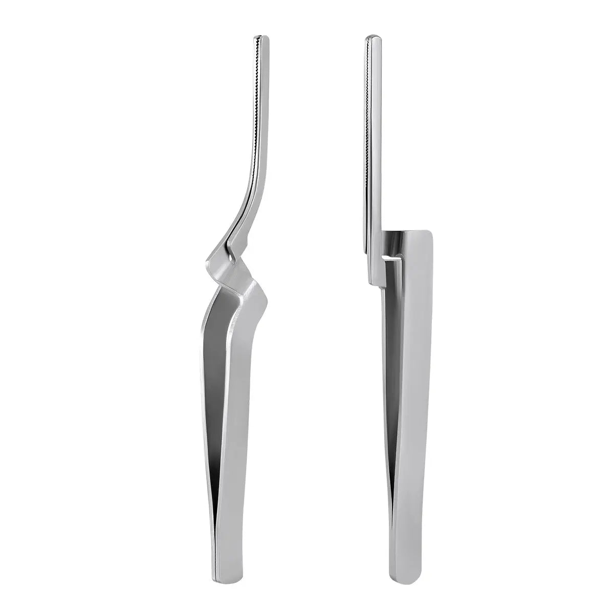 Dental Articulating Paper Holder Serrated Pliers Straight/Curve Tweezers Orthodontic Forceps: Two stainless steel dental instruments, one straight and one curved, for precise handling of articulating paper and brackets during orthodontic procedures. Essential tools for dentists in teeth correction and occlusion verification.