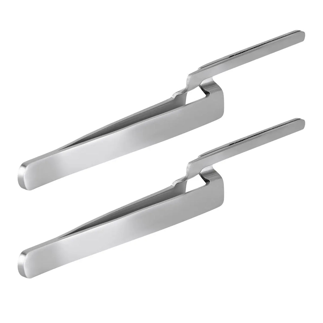 Dental Articulating Paper Holder Serrated Pliers: Two stainless steel dental instruments with long, slender handles and curved tips for precise gripping. Essential tools for orthodontic procedures and occlusion checks in dental practices.