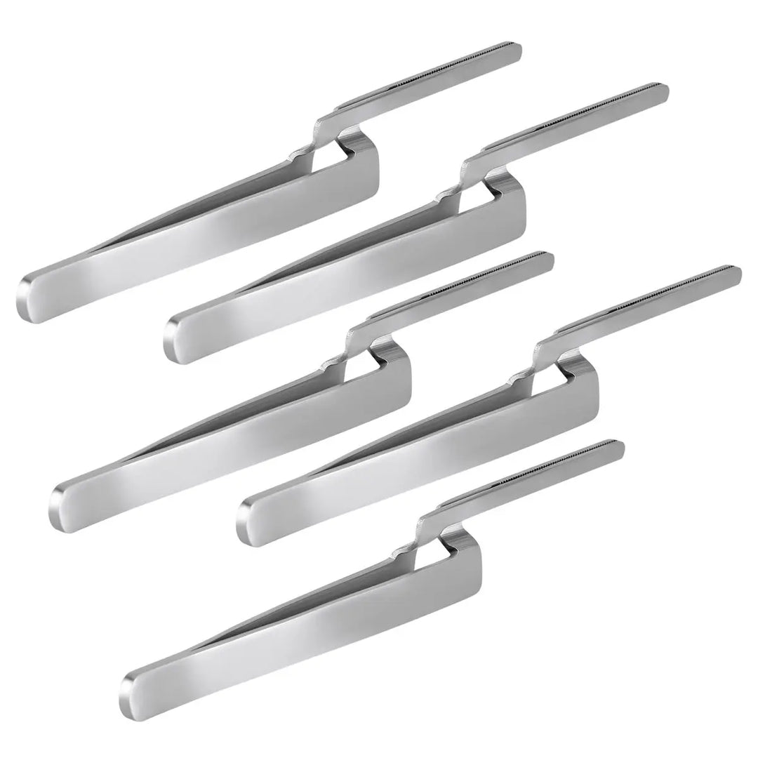 Dental Articulating Paper Holder Serrated Pliers Straight/Curve Tweezers Orthodontic Forceps: Set of five stainless steel dental instruments with long handles and curved tips for holding articulating paper and performing orthodontic procedures