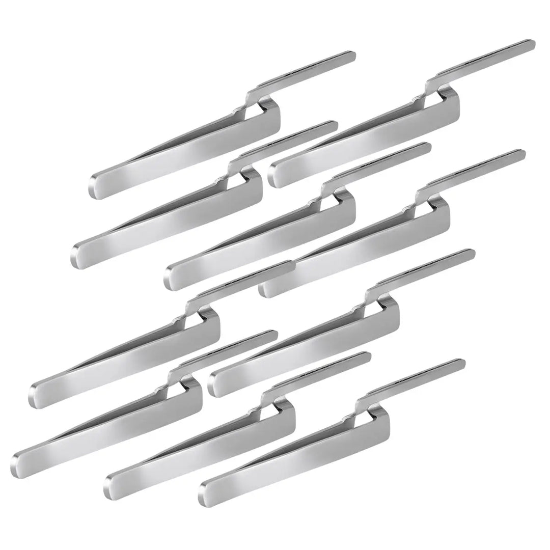 Dental Articulating Paper Holder Serrated Pliers Straight/Curve Tweezers Orthodontic Forceps: Set of silver metallic dental instruments with long, slender handles and curved tips for precise manipulation during orthodontic procedures and articulation paper handling.