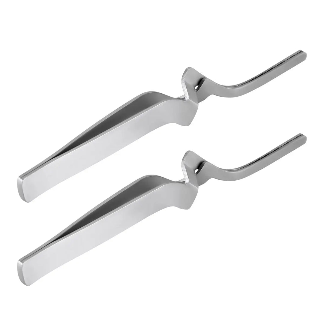 Dental Articulating Paper Holder Serrated Pliers Straight/Curve Tweezers Orthodontic Forceps: Two stainless steel dental instruments with long, slender handles and curved tips for holding articulating paper during dental procedures. Essential tools for dentists in orthodontic and occlusion work.