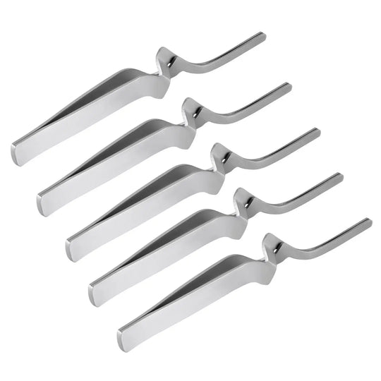 Dental Articulating Paper Holder Serrated Pliers Straight/Curve Tweezers Orthodontic Forceps: Five silver metallic dental instruments with curved handles and flat, elongated tips for holding articulating paper and performing orthodontic procedures.