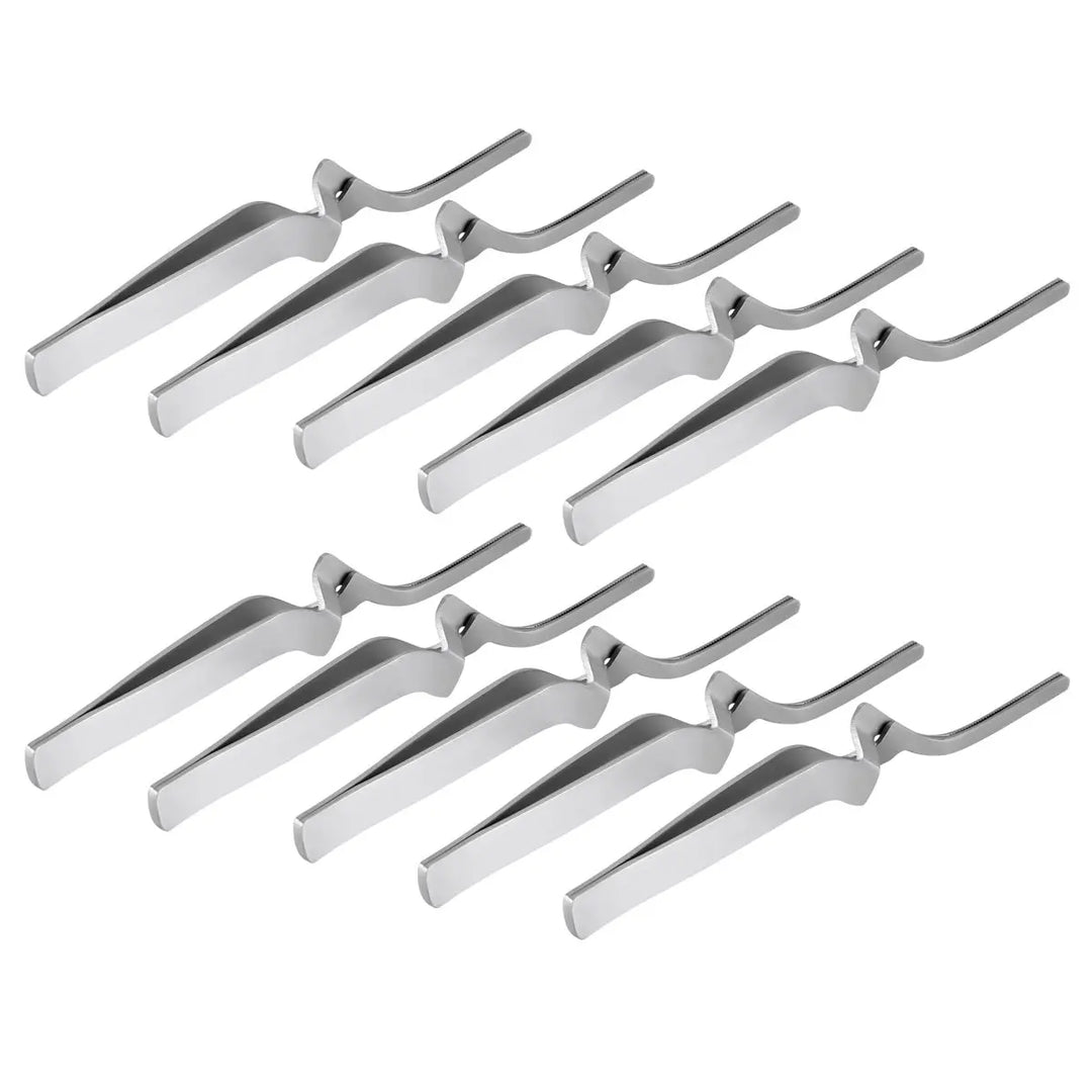 Dental Articulating Paper Holder Serrated Pliers Straight/Curve Tweezers Orthodontic Forceps: Set of ten silver metal dental instruments with long, thin handles and curved tips for holding articulating paper and precise dental work.