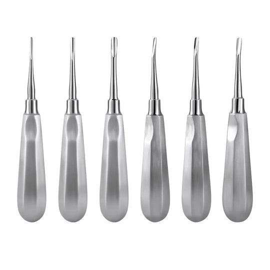 Dental Surgical Instrument Teeth Elevators Straight/Curved 6 Sizes: Set of six stainless steel dental elevators with varying head sizes and shapes, including three straight and three curved instruments, displayed in a row against a white background.