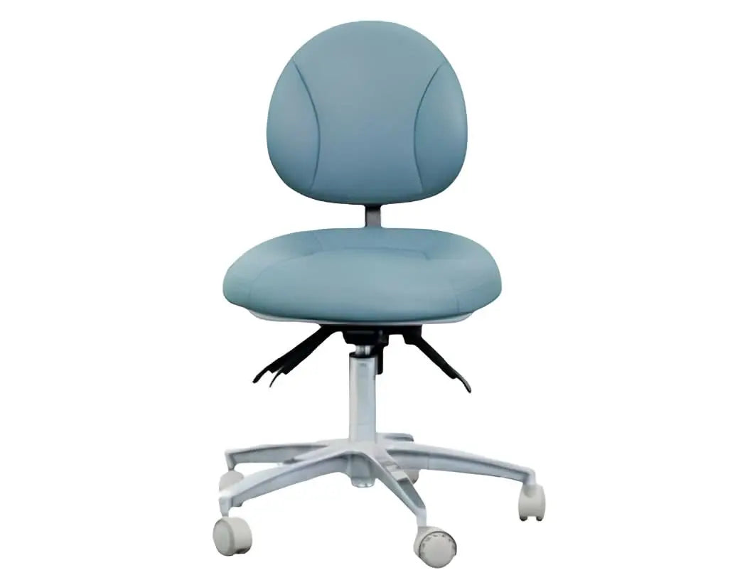 D3 Doctor Stool featuring a light blue upholstered seat and backrest, adjustable height, swivel base with five wheels, and ergonomic design for medical professionals. Comfortable and functional office chair for healthcare settings.